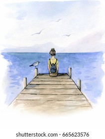 Girl Sitting On The Dock Watercolor