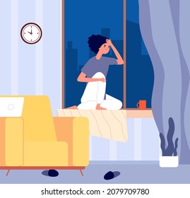 Girl sitting window sill. Depression, sad woman in room looking at night city. Autumn mood, life problems illustration - Powered by Shutterstock