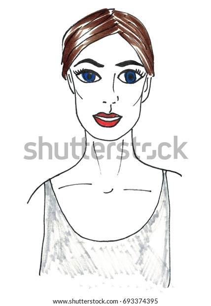 Girl Sketch Watercolor Dark Hair Brunette Stock Illustration