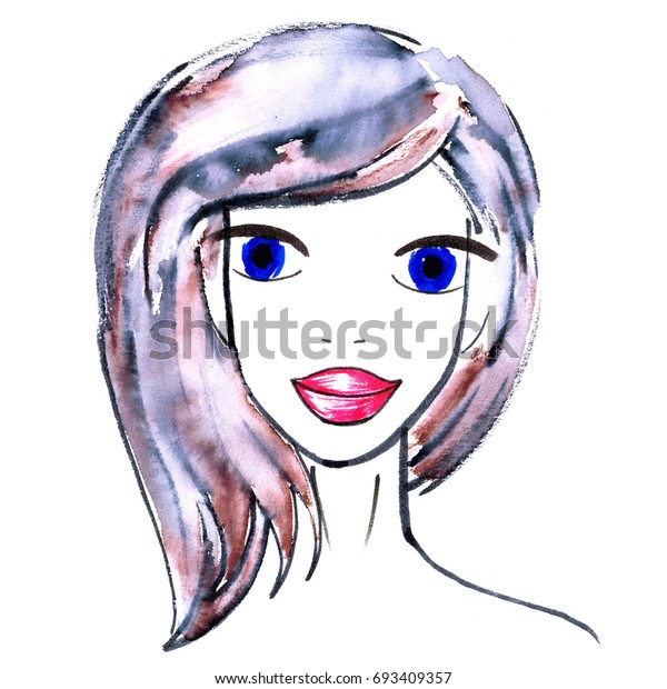 Girl Sketch Watercolor Dark Hair Brunette Stock Illustration