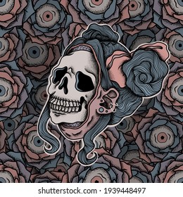 Girl Skull And Eye Roses Seamless Pattern