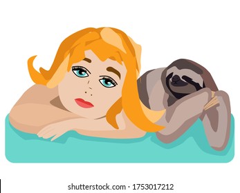 A girl with a sloth on white isolated background. Illustration of cute women and animals for the Design of children's, birthday, baby shower party design and decor, print - Powered by Shutterstock