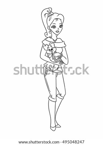 Girl Small Dog Coloring Pages Cartoon Illustration Isolated Image