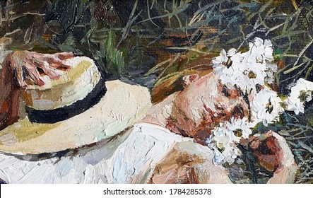 Girl in snow-white dresses sleep on summer grasses. Oil painting. - Powered by Shutterstock