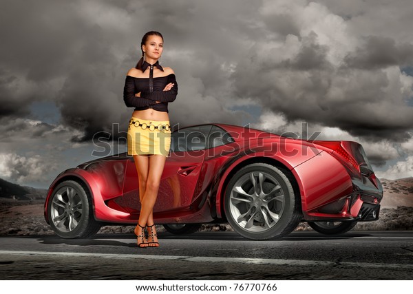 Girl and sports car.\
Original car\
design.