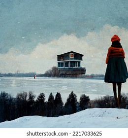 Girl Standing On A Hilltop Overlooking A Boat House