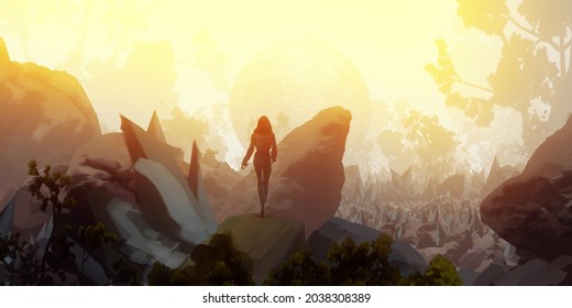 Girl standing on rocks. Digital painting. Fictional abstract realm. Futuristic concept art. Colorful artistic landscape. 3D illustration.