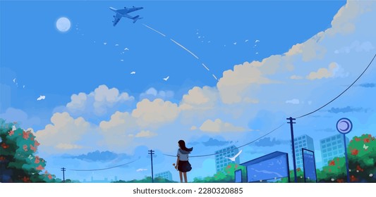 A girl stands beneath a blue sky, gazing up at a plane crossing through the clouds, its white contrail leaving a trail behind it. The vastness of the sky reminds her of the limitless possibilities - Powered by Shutterstock