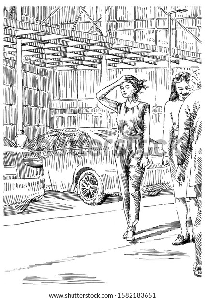 A girl stands on a\
street in the city with her eyes closed and a hand on her head.\
Summer day black and hand drawing with pen and ink. Engraving,\
etching, sketch style.