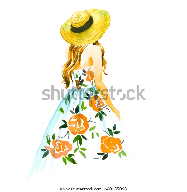 白い背景に麦藁帽子とビンテージドレス 夏の水彩イラスト のイラスト素材