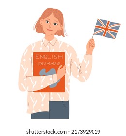 Girl Student Holds A Book And An English Flag.She Is A Native Speaker Or Learns English