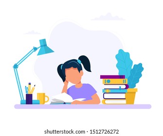 Girl studying with a book. Concept illustration for education in flat style - Powered by Shutterstock