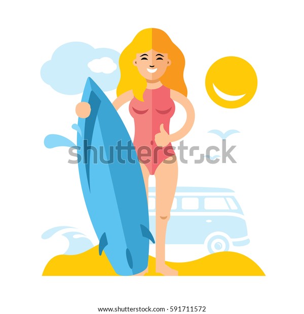 Girl with surfing. Flat style colorful\
Cartoon\
illustration.