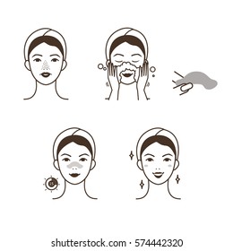 Girl take care of her face. Blackheads treatment procedure with blackhead patch. 