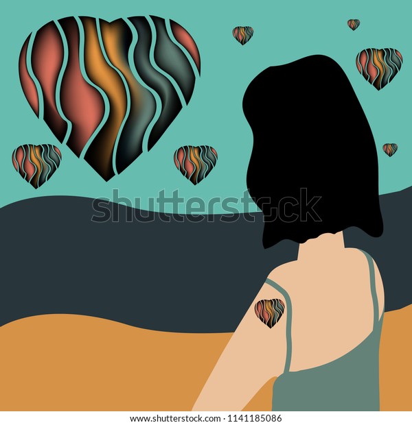 A girl with a tattoo  broken heart watches
broken hearts rise in the sky in a minimalist surreal fashion and
beauty illustration.