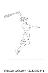 Girl Tennis Player. Сoloring Page For Kids And Adults