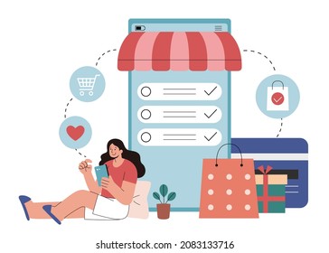 Girl Ticking Her Shopping Checklist In Flat Style Illustration. A Female Sitting By A Large Phone And Making Purchase Based On Her Shopping Lists