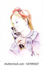  Girl With Toy â?? Nutcracker. Watercolor Hand Drawn Illustration