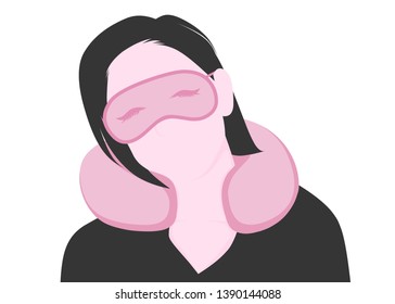 Girl With Travel Neck Pillow And Eye Mask Flat Design Icon