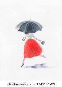 girl and umbrella in rain  fashion illustration  watercolor painting
