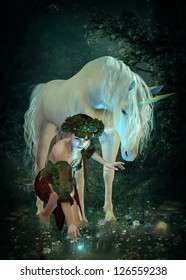 A Girl And A Unicorn Watching Fireflies At A Pond