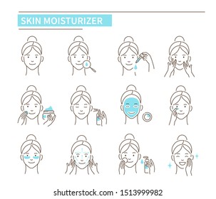 Girl use different skin moisturizers. Line style illustration isolated on white background.