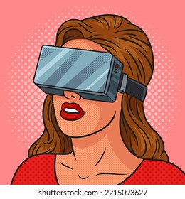 Girl With Virtual Reality Glasses Pinup Pop Art Retro Raster Illustration. Comic Book Style Imitation.