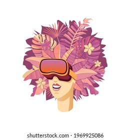 Girl In Virtual Reality Glasses. Travel Concept To The World Of The Tropics. Colored Illustration In Flat Style.