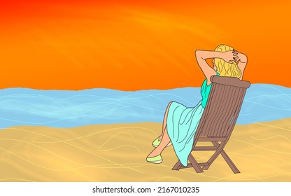 Girl W Sitting On A Deck Chair On The Beach Background