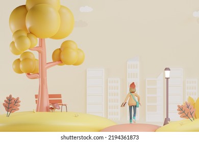 girl walking in autumn season 3d rendering