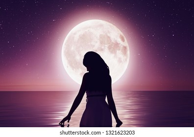 Girl Walking On Water Under Moonlight3d Stock Illustration 1321623203 ...