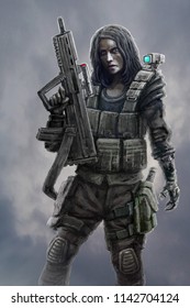 Girl Warrior With Assault Rifle. Drawing Illustration In Sci-fi Genre.