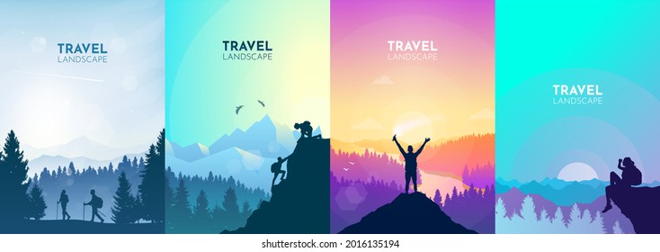 Girl watches nature, climbing to the top, friends going hike, teamwork, support of friends. Landscapes set. Travel concept of discovering, exploring, observing nature. Hiking. Adventure tourism. - Powered by Shutterstock