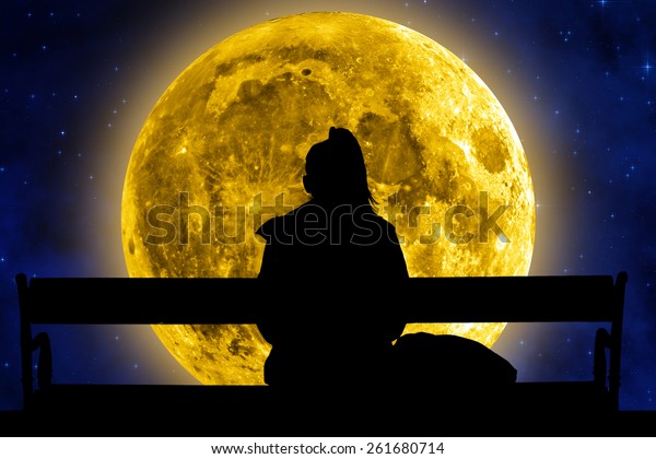 Girl Watching Moon Stars Elements This Stock Illustration 261680714