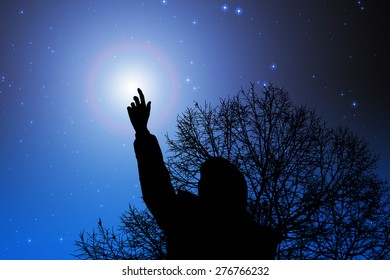 Girl Watching The Stars. Stars Are Digital Illustration. Comet Is Taken Through My Telescope.