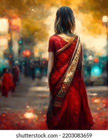 A Girl Wearing Indian Red Saree Standing Alone