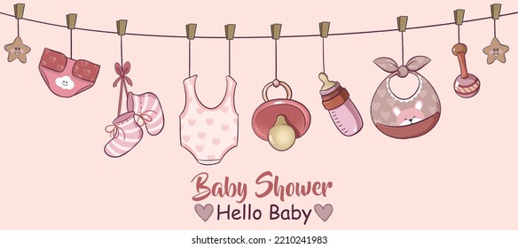 Its A Girl Welcome Greeting Card For Childbirth With Hanging Baby Utensils Illustration