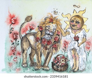 A girl in white dress strokes lion background blooming roses  Tarot image 