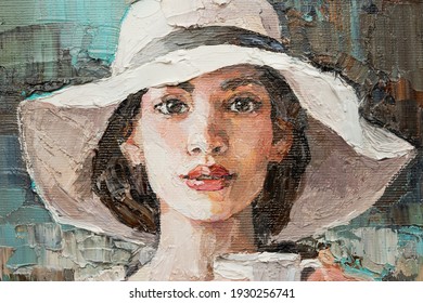 A girl in a white hat with a cup of coffee sits in a cafe.  Fragment of oil painting on canvas.	 - Powered by Shutterstock