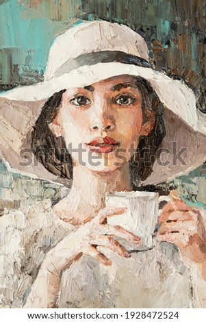 A girl in a white hat with a cup of coffee sits in a cafe.  Oil painting on canvas.	