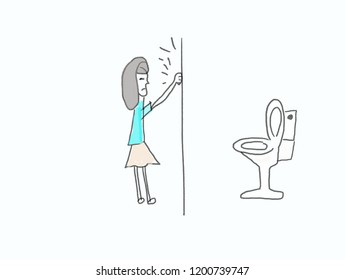 Girl Woman Knock The Toilet Door For Empty Toilet In Rush Time