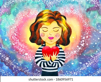 Girl Woman Love Yourself Heal Red Heart Spirit Mind Health Spiritual Mental Energy Emotion Connect To The Universe Power Abstract Art Watercolor Painting Illustration Design