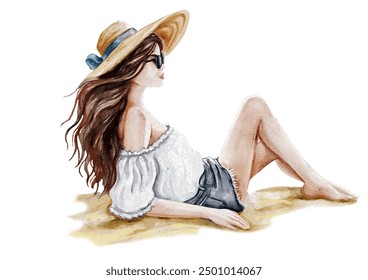 girl woman lying on the beach, on the seashore, in a hat and glasses. Fashionable lady at resorts on the beach. Watercolor illustration on a white background - Powered by Shutterstock