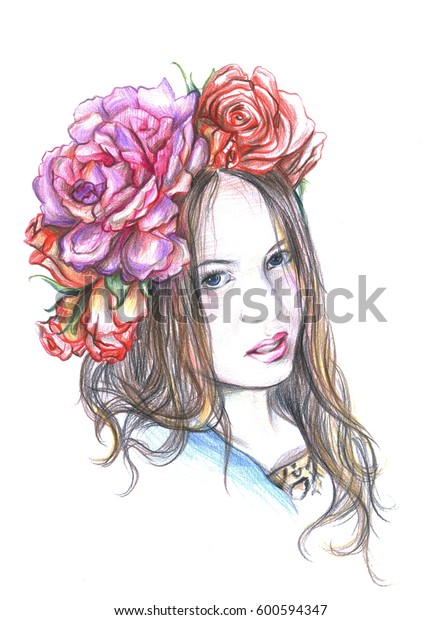 頭に花輪を被った女の子 のイラスト素材