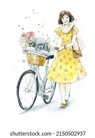 Girl in a yellow dress on a bicycle with a poodle. Dog in a basket of flowers. Watercolor hand drawn illustration