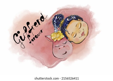 Girlfriends forever. Watercolor illustration of a girl and a unicorn on the background of the heart - Powered by Shutterstock