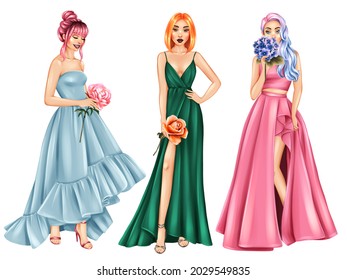 Girls In Beautiful Long Dresses. Hand Drawn Fashion Illustration