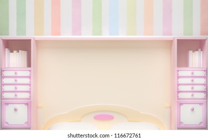 Girl's Bedroom Wall In Pastel Colors With Pink Cabinet. 3d Background