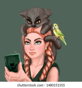 
Girls With A Cat And A Budgie Are Reading A Message On A Smartphone. Illustration In Cardboard Style