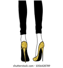 金のハイヒールを履いた女の子 ファッションイラスト 金色のきらめく靴をはいた女性の脚 かわいいデザイン 流行の流行画 おしゃれな 女性 スタイリッシュな女性 のイラスト素材
